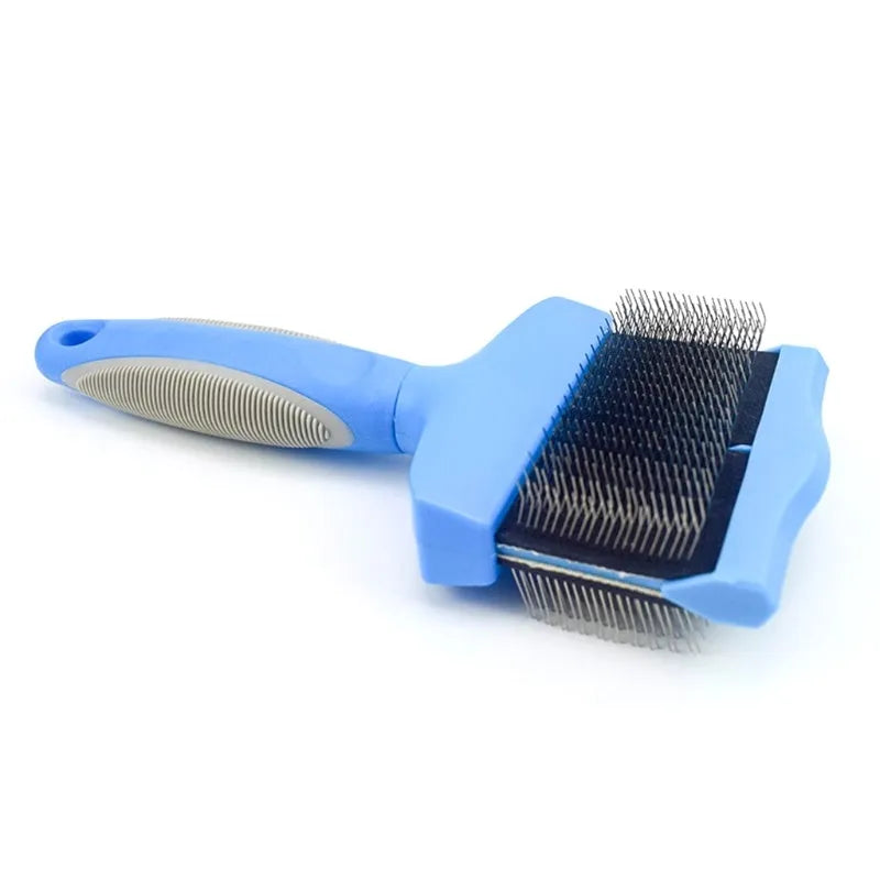 Double-sided pet grooming brush with stainless steel pins in blue or pink colour options