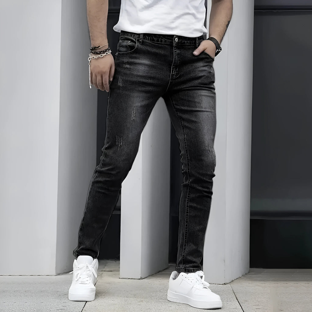 Men's straight leg skinny fit stretch jeans in black, grey and dark blue colours showing front and back views
