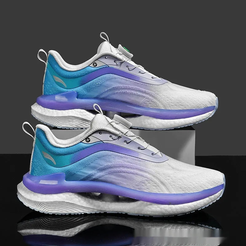 Men's high top mesh running shoes in cotton candy colour with buckle fastening and composite sole.