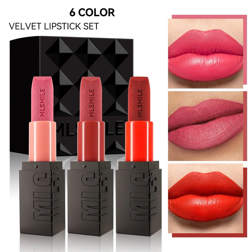 MLSMILE embossed lipstick set of three tubes in a decorative presentation box.
