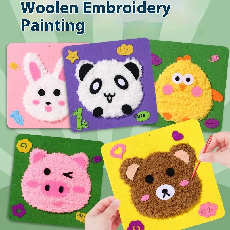Children's cartoon animal wool embroidery painting DIY set with cloth base, 15x5cm, featuring bear and bunny designs