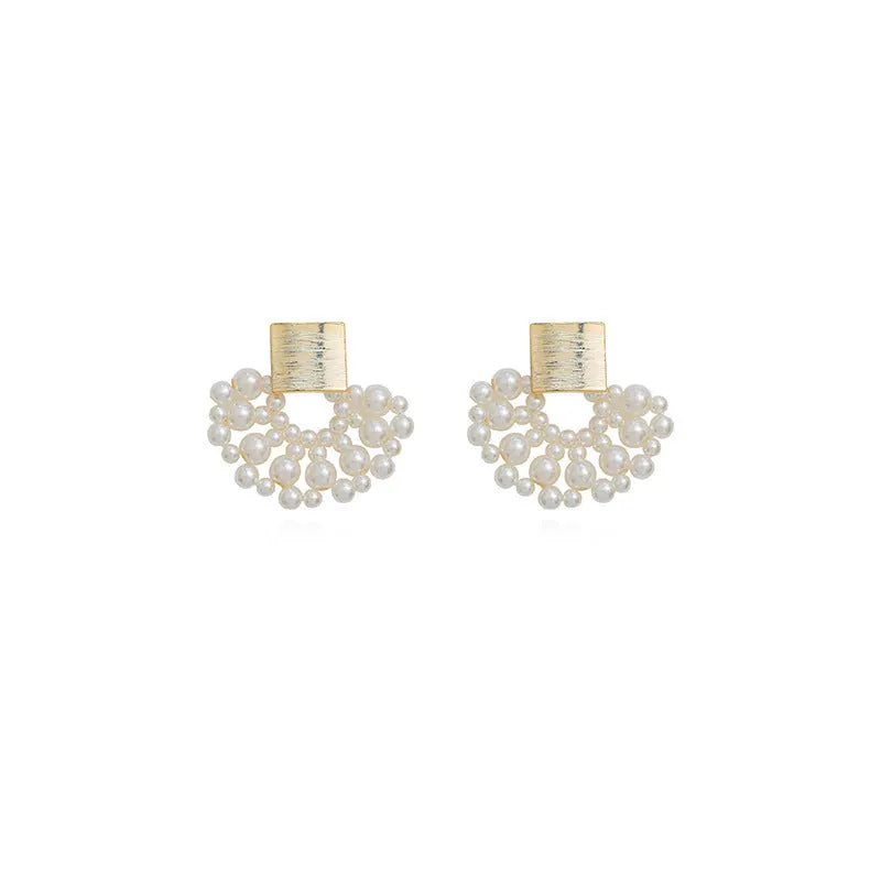 Handmade woven scalloped pearl stud earrings in 14K true gold electroplating alloy