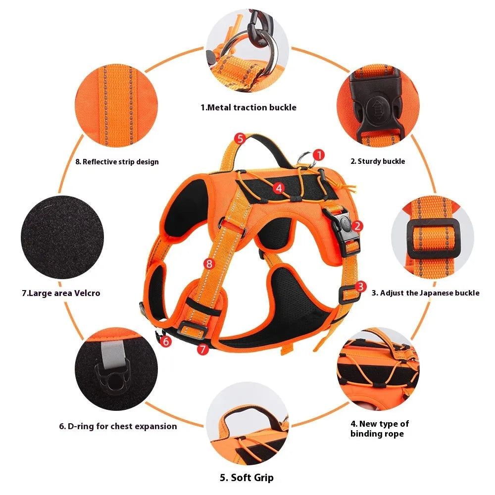 Explosion-proof reflective dog harness with an attached hand-holding rope in orange colour.