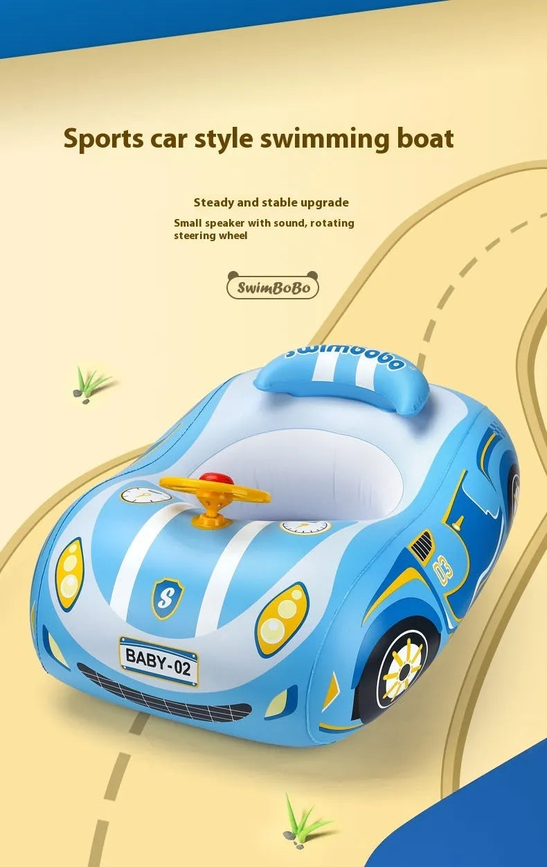 Pink children's inflatable swimming ring with mini steering wheel and sports car boat cartoon design