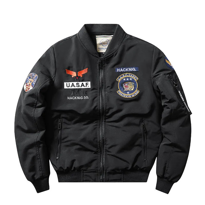 Men's slim-fit black retro motorcycle coat with stand collar and patch pockets on a mannequin.