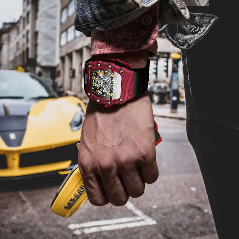 Men's automatic mechanical sports watch with luminous pointer display, 44mm dial, black or red case and black strap