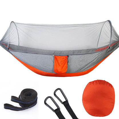 Premium 210T nylon outdoor hammock with mosquito net, featuring a quick pop-up design for easy setup and versatile use in various outdoor settings.