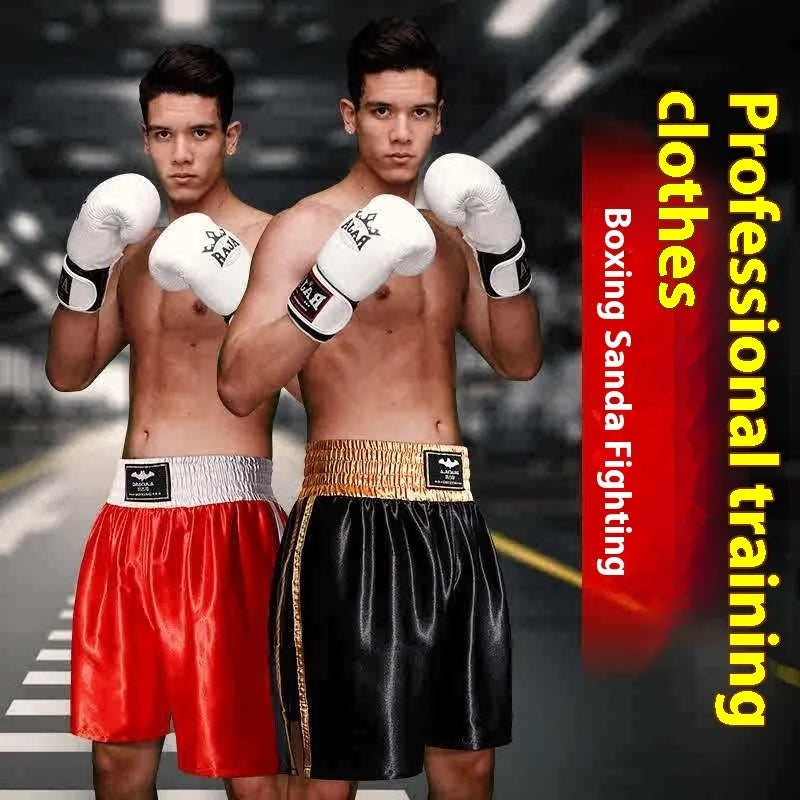 Professional boxing Sanda shorts in black red, double-layer nylon, sizes XXS-XXL, unisex adult fit.