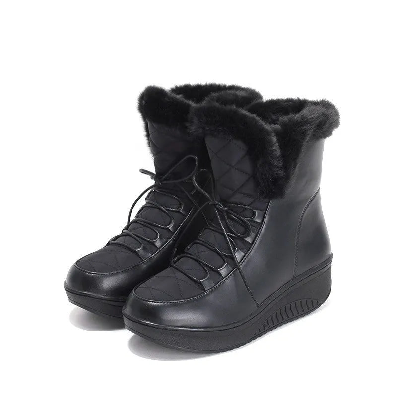 Women's black winter boots with 3cm platform and lace-up closure on water-resistant PU leather