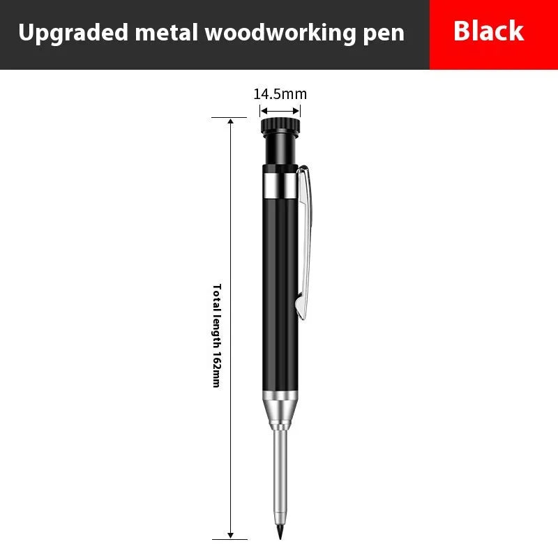 2.8mm metal long head deep hole carpenter's pencil with fine tip, black colour option, on a wooden surface