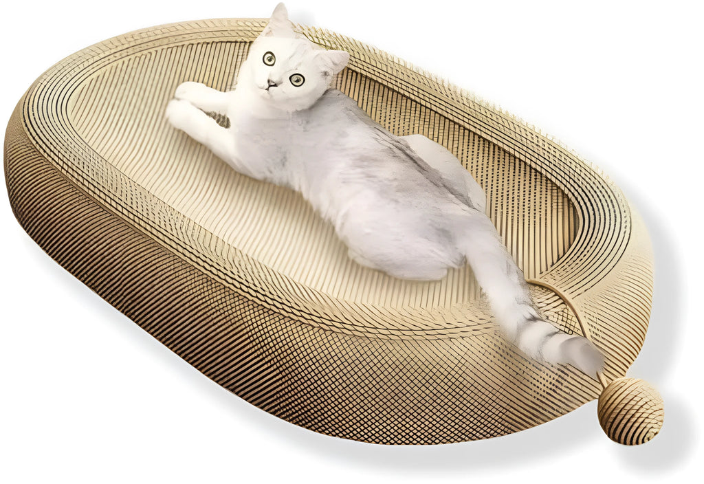 Large rectangular sisal cat scratching board with a grey cushioned cat bed attached on top.
