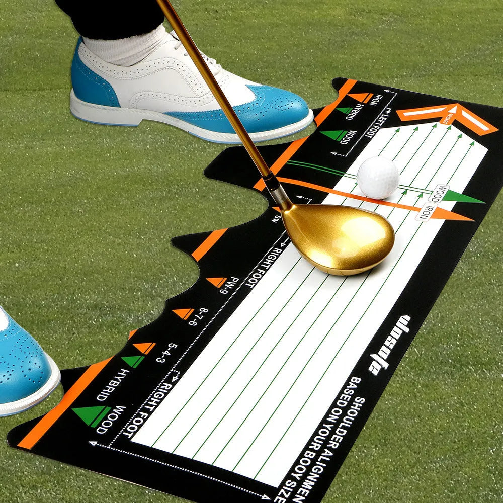 Black neoprene golf swing posture correction training pad on a green surface.