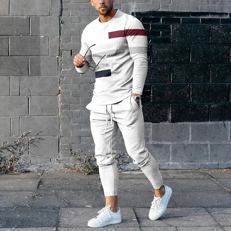 Men's round neck striped sweatshirt suit with long sleeve polyester top and trousers, available in sizes S to 6XL.