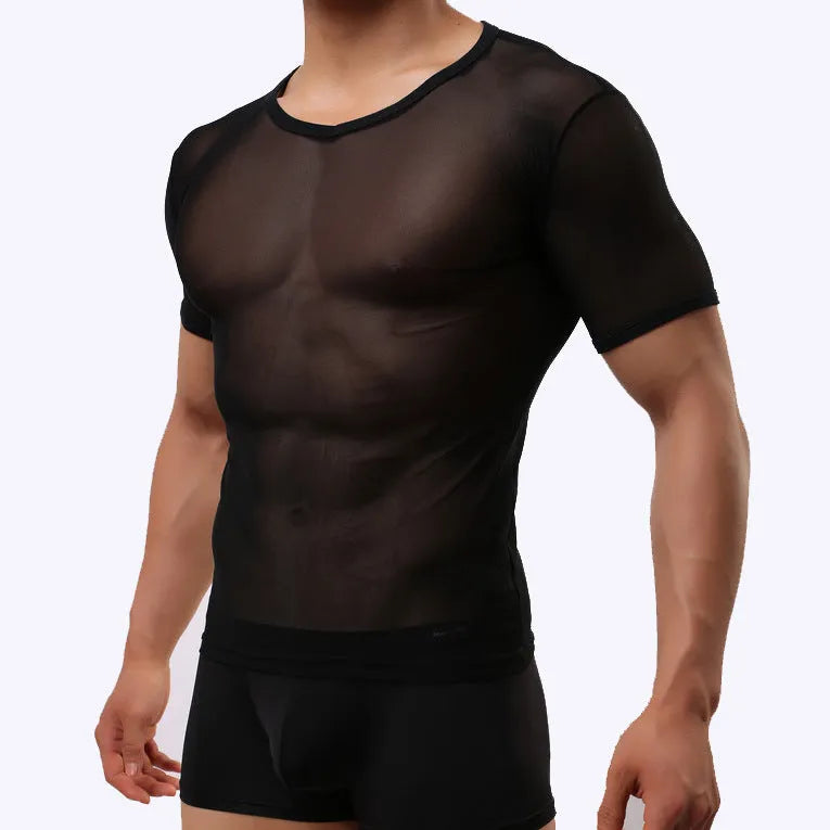 Men's slim fit mesh transparent short-sleeved T-shirt in solid colours