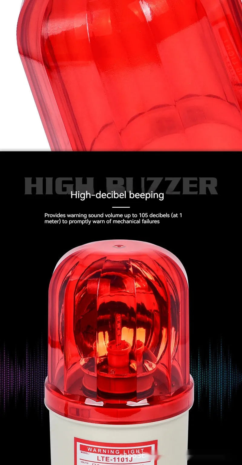 LTE-1101J industrial rotating strobe warning light with sound alarm, shown with red lens.