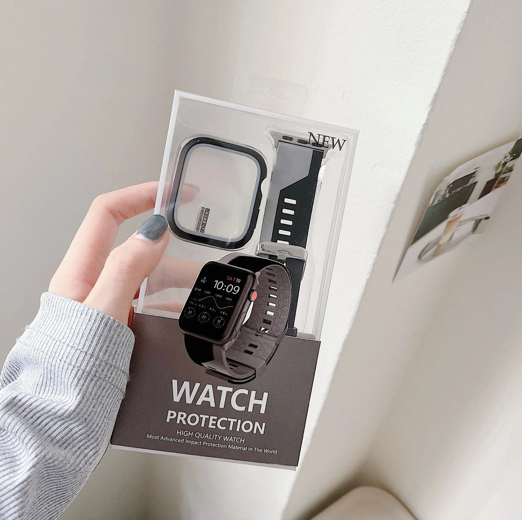 Two-tone silicone Apple Watch strap and protective case in 38mm to 45mm sizes, shown in black and white colour.