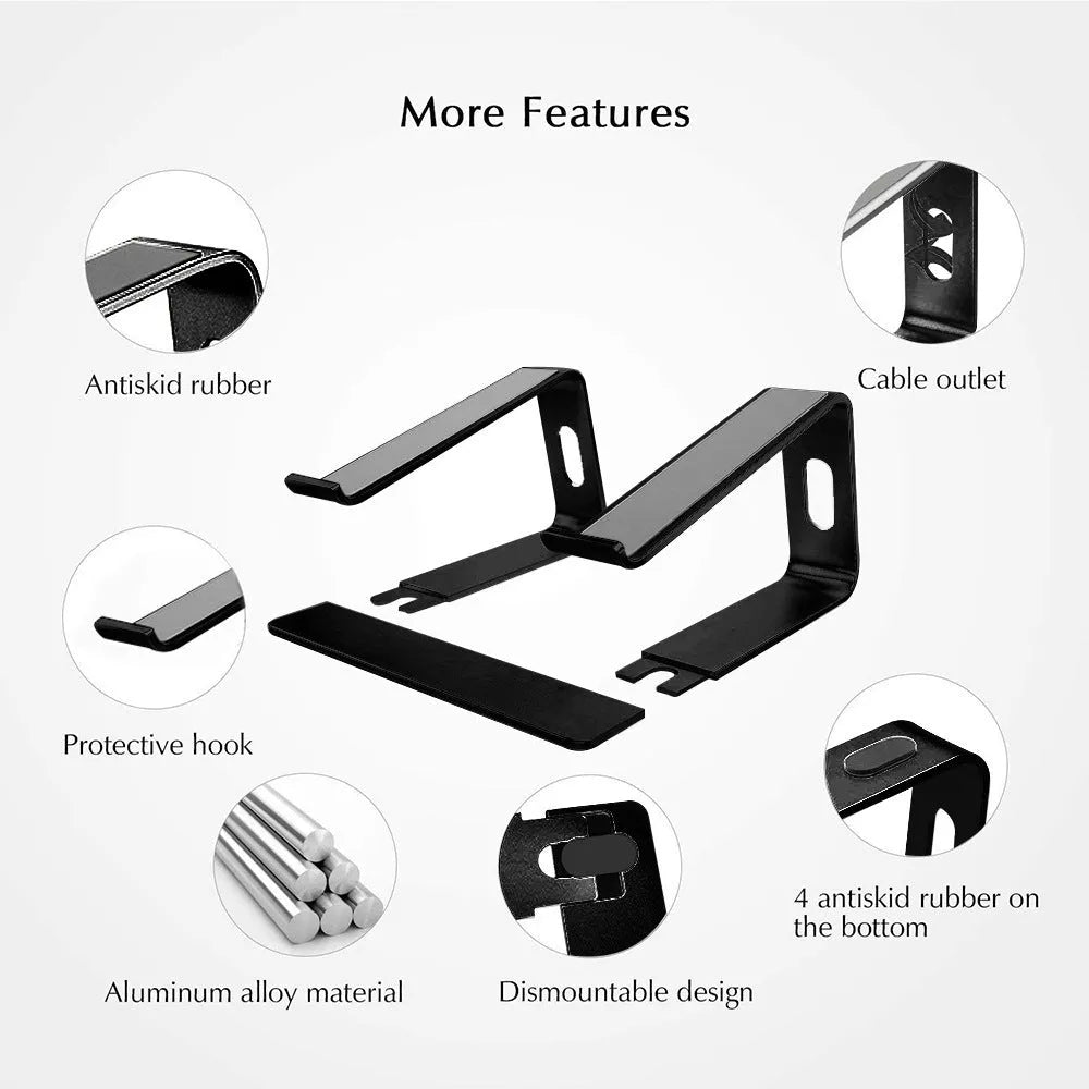 Aluminium alloy notebook cooling bracket in black on a desk with a laptop placed on it
