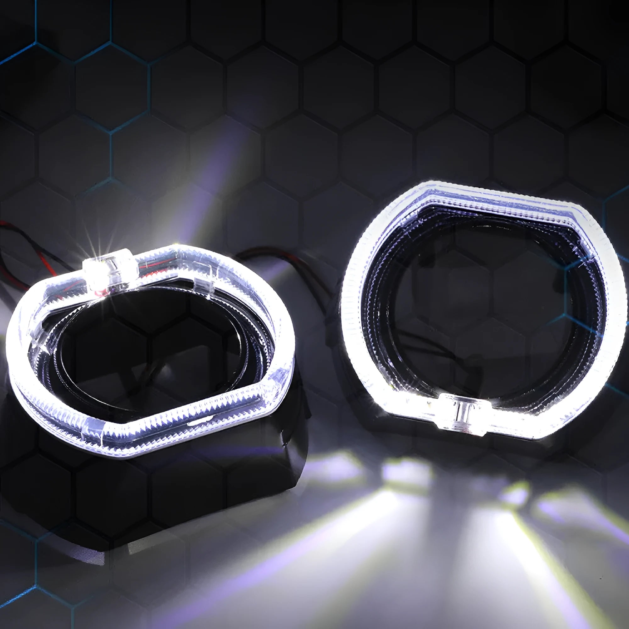 Angel eye LED halo light ring with integrated polymer plastic cover, shown in blue light, for vehicle headlight upgrade.
