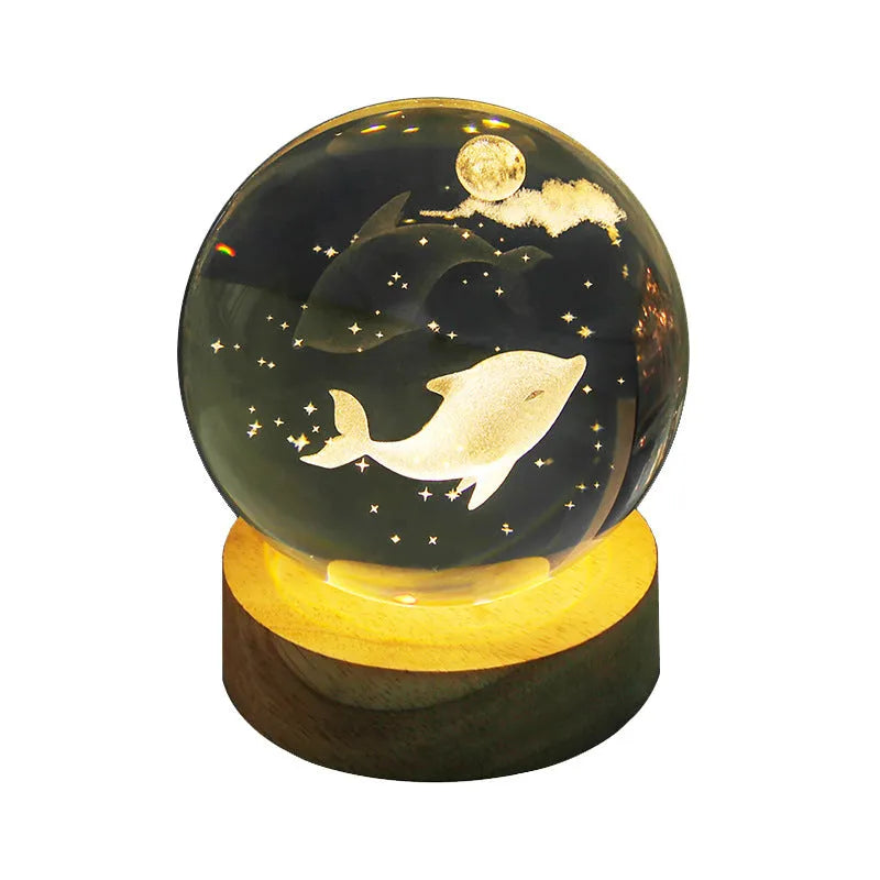 Transparent crystal ball night lamp with carved jellyfish design and USB cable