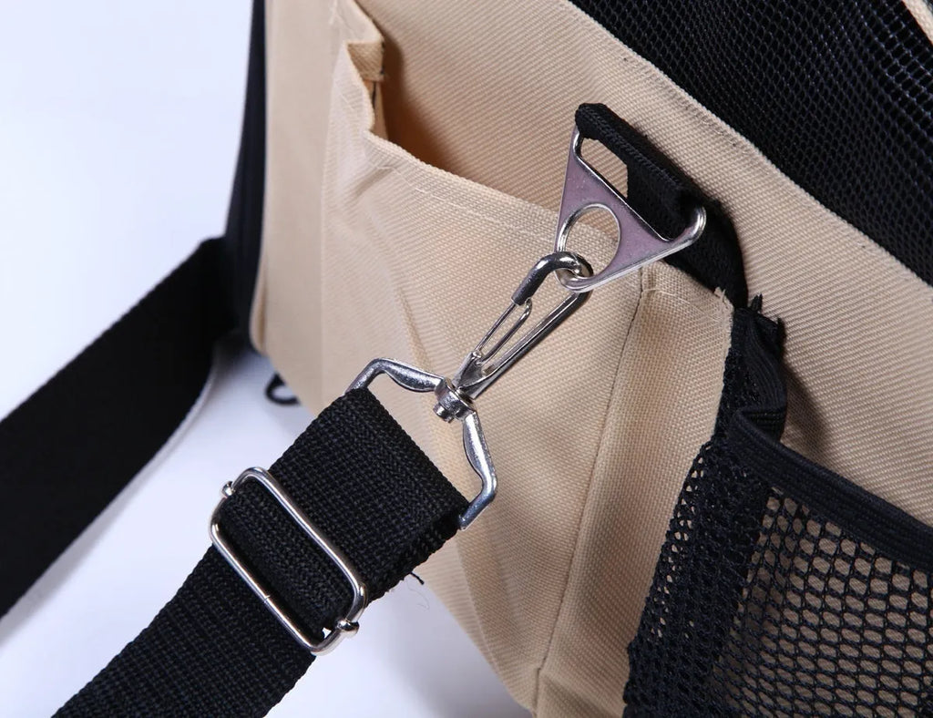 Beige Oxford fabric crossbody pet bag for dogs and cats, portable car carrier with strap