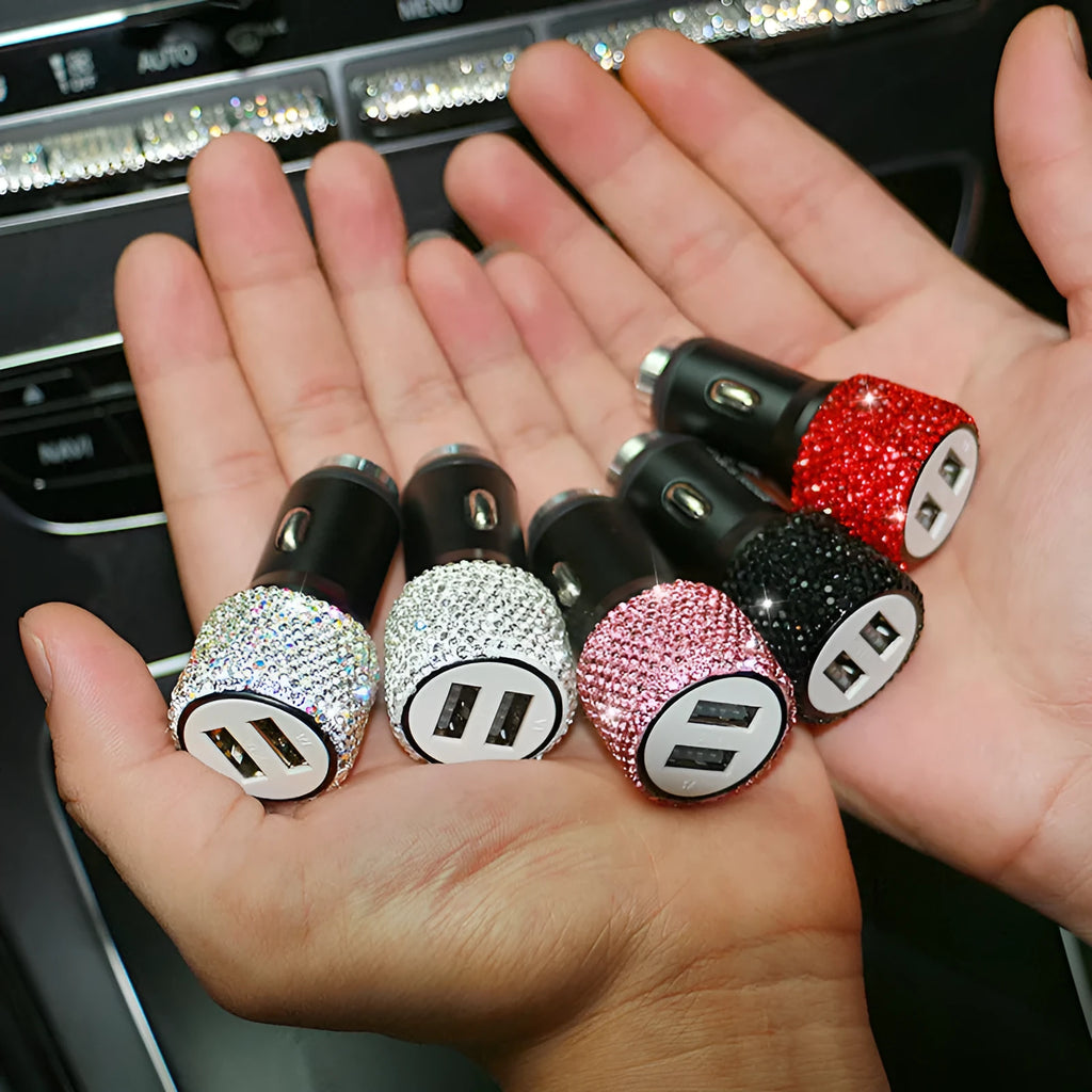 Diamond-textured dual USB car charger in red, white, black, pink, and AB colours for 12V cigarette lighter sockets.