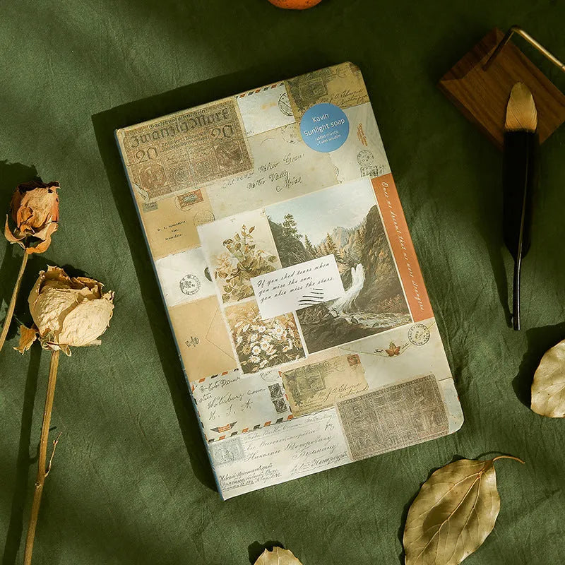 A5 kraft paper notebook with European retro illustrations open to show colour pages