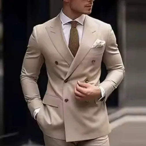 Men's grey two-piece Korean slim fit suit jacket and trousers on a hanger