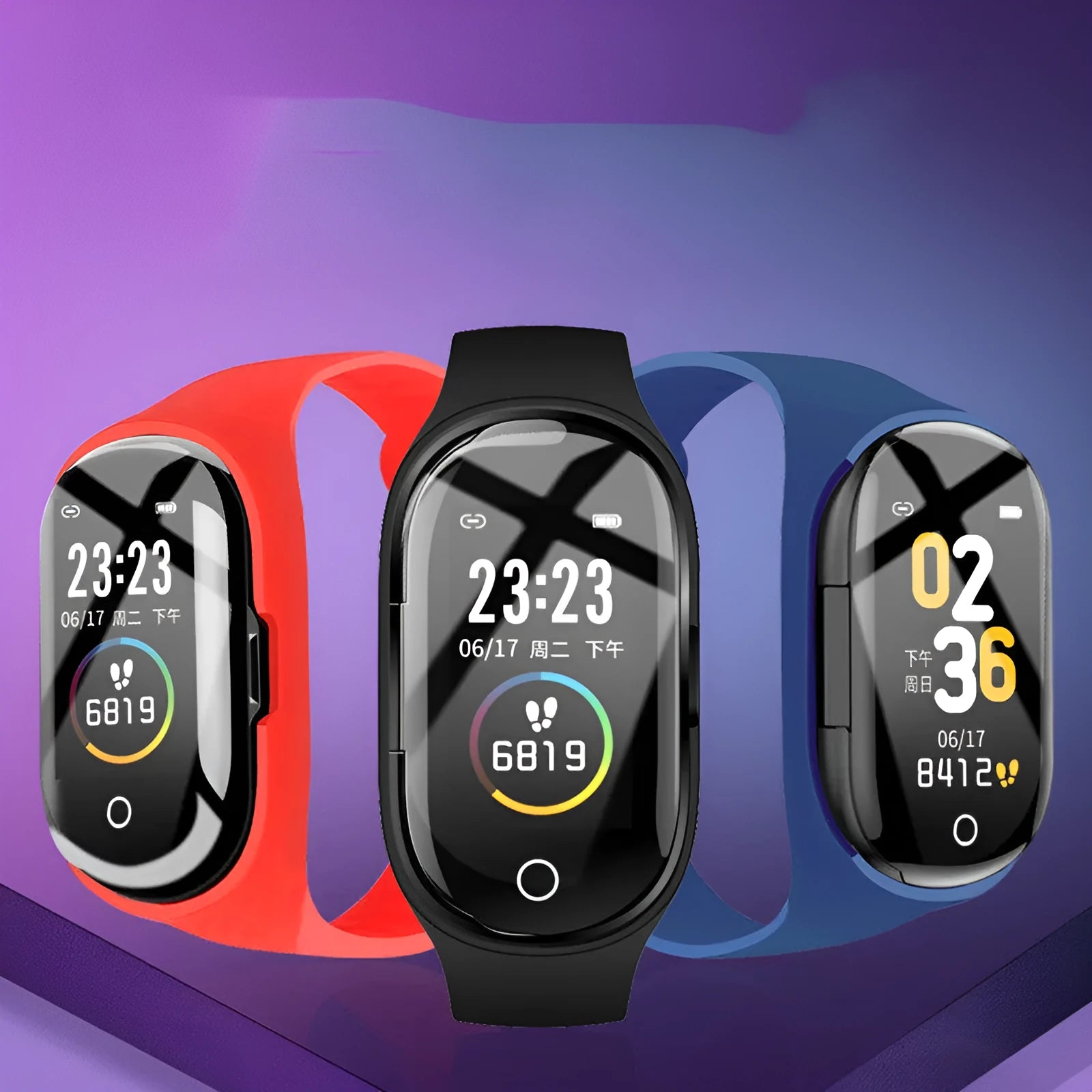 Smart bracelet earphone combo in silicone with 1-inch screen, shown in black, blue, and red colour options.