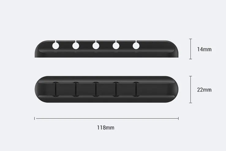 Black organic silicone desktop cable manager clips holding USB cables on a desk