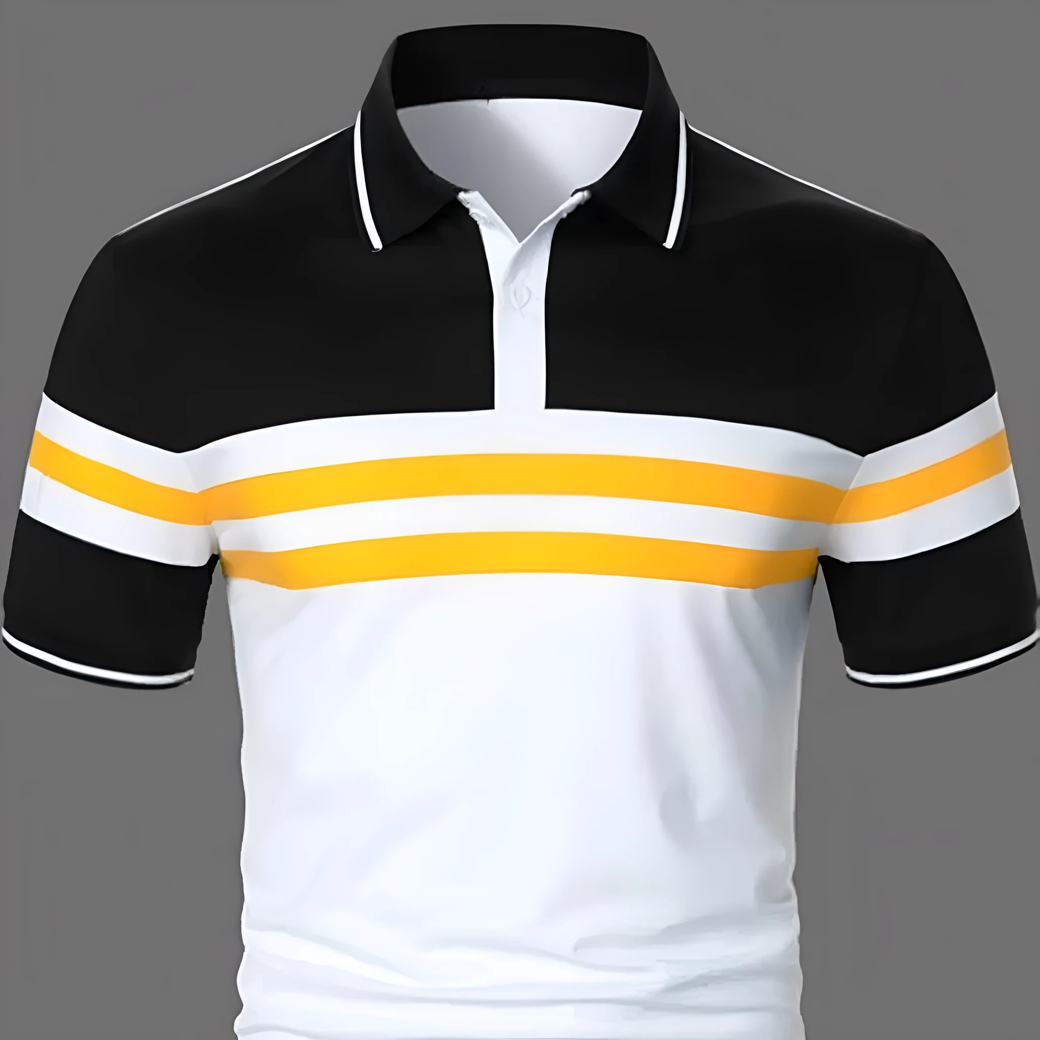 Men's striped white short sleeve button polo shirt with slim fit and side slits