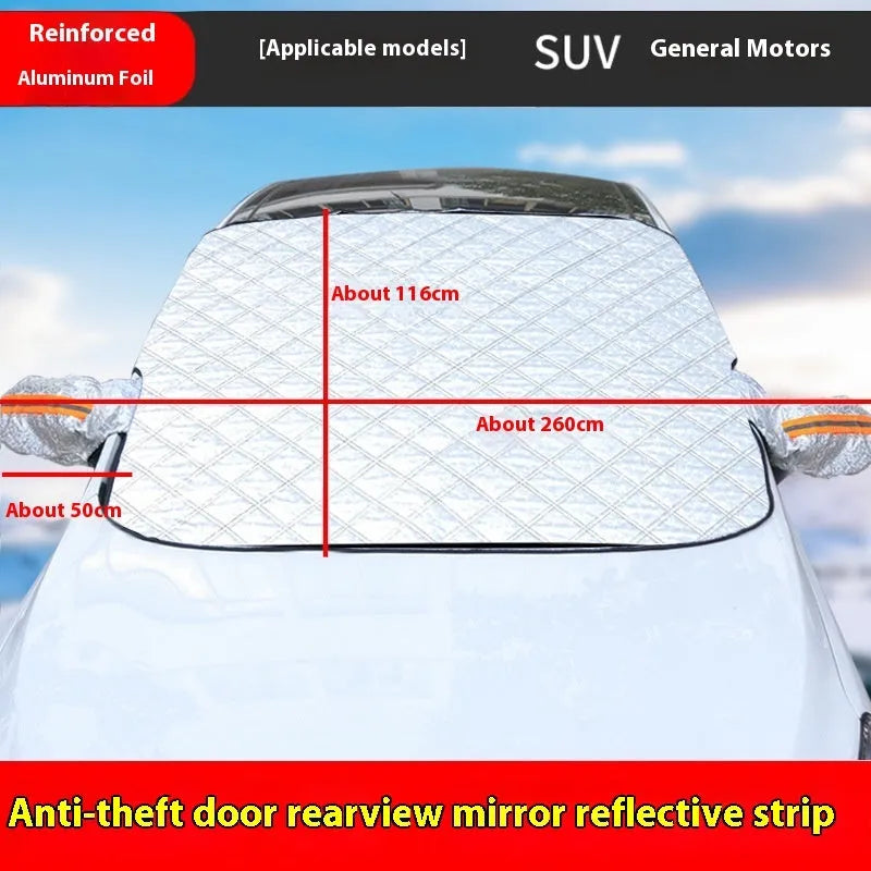 Aluminium foil car windshield cover with magnetic fasteners and reflective edge stripes for winter protection