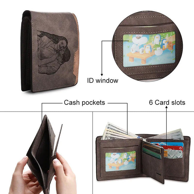 Coffee brown PU leather horizontal wallet with custom photo engraving and lettering, shown next to a card for scale.