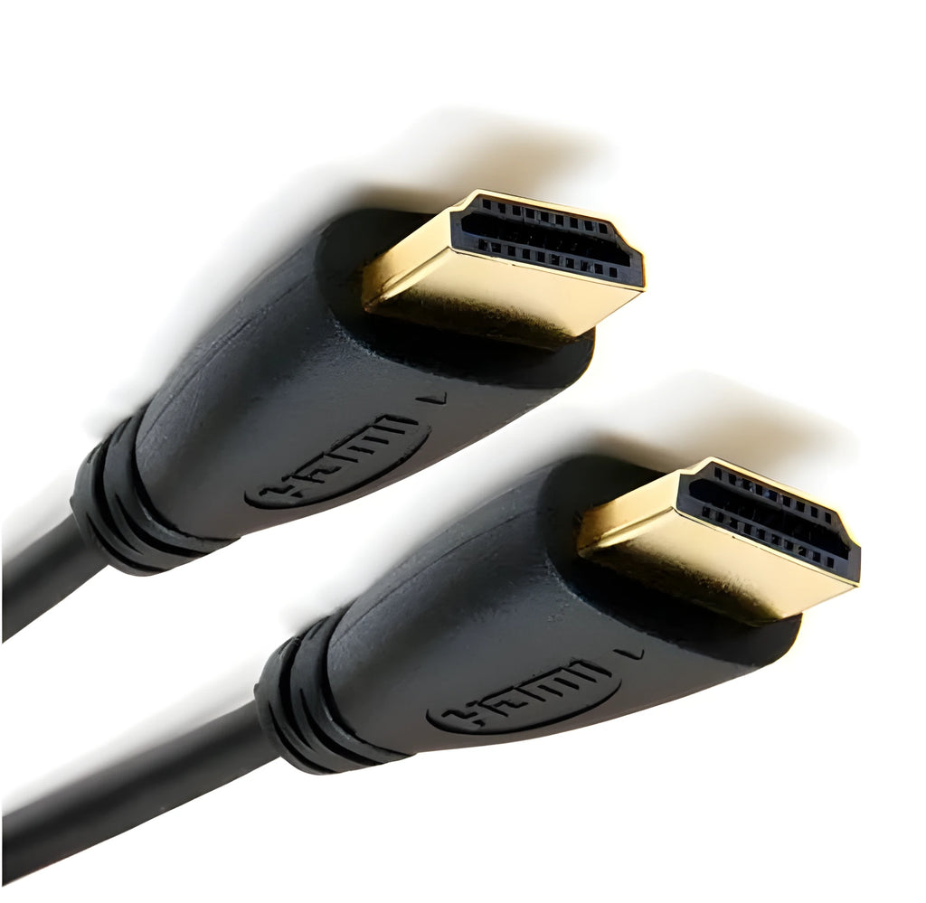 Gold-plated male HDMI cable plug next to length options from 0.3 to 5 metres for HDTV and gaming