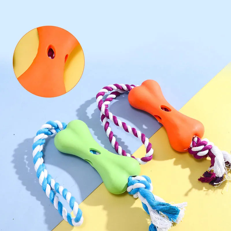 Green porous leaking bone dog toy with rope knot construction for chewing and treat stuffing