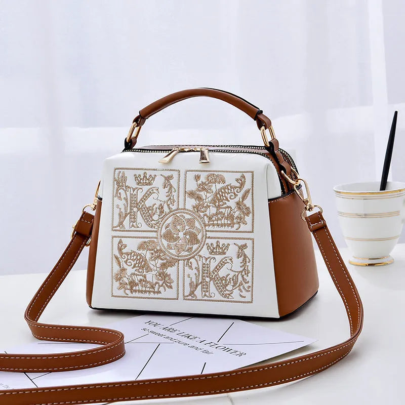 Women's PU cross-body shoulder bag with embroidery in horizontal square shape and external slit pocket
