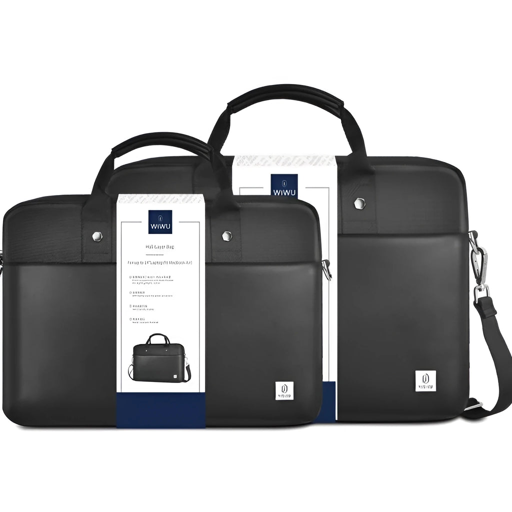 Black Oxford cloth laptop handbag showing multi-pocket organisation and expansion feature.