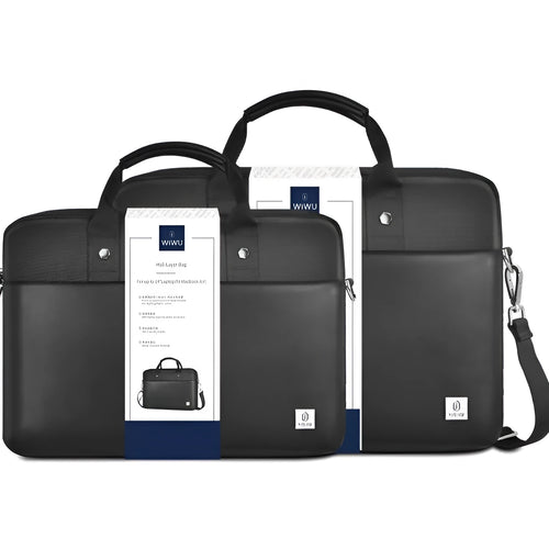 Black Oxford cloth laptop handbag showing multi-pocket organisation and expansion feature.