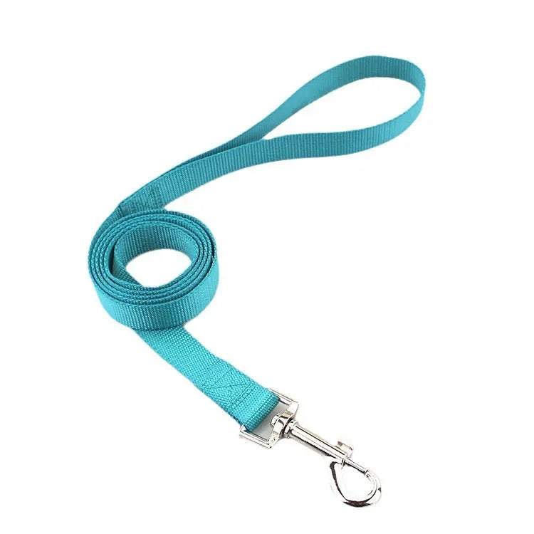 Solid colour polyester dog lead showing four width options and multiple colour choices on a 120cm rope.