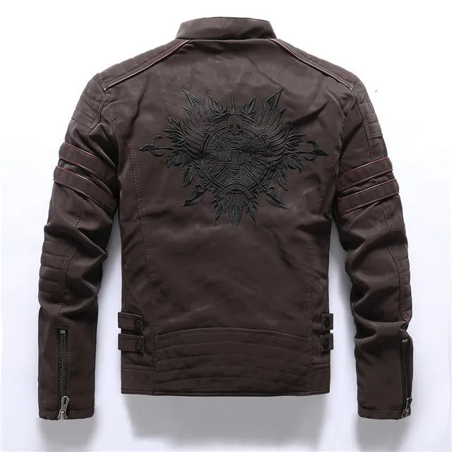Men's PU leather jacket in green, black, or brown, sizes L to 4XL, Asian sizing guide