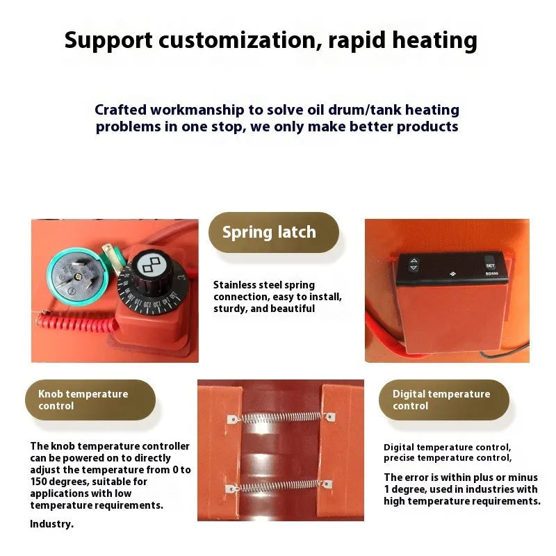 Silicone rubber heating belt wrapped around 200-litre oil drum with digital display control unit