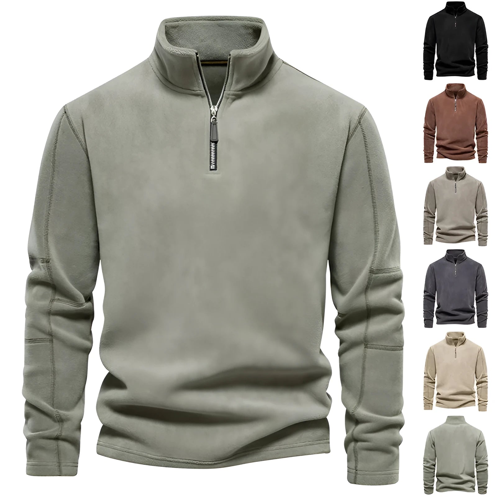 Men's stand-collar zippered sweatshirt with fleece lining in olive green, front view