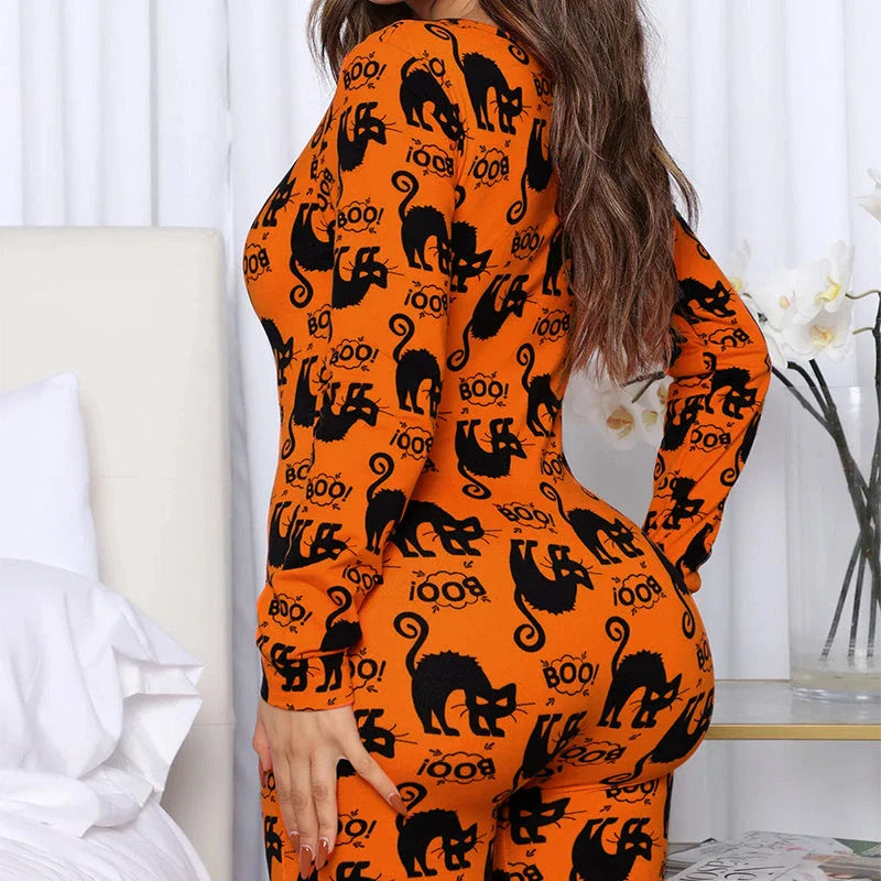 A comfortable and stylish Halloween-themed cotton pajama jumpsuit with long sleeves, available in a variety of festive colors.