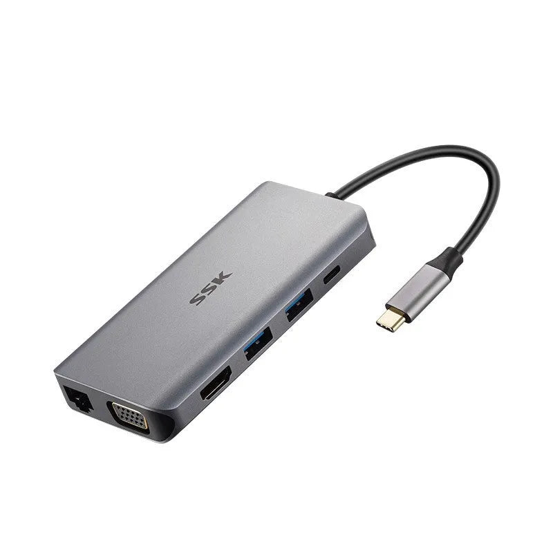Grey 11-in-1 USB-C hub adapter with HDMI, VGA, Ethernet, USB ports, and a short connecting cable