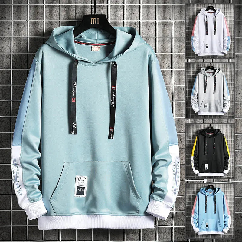 Men's casual printed loose long sleeve hooded top in polyester, letter pattern, sizes M-4XL