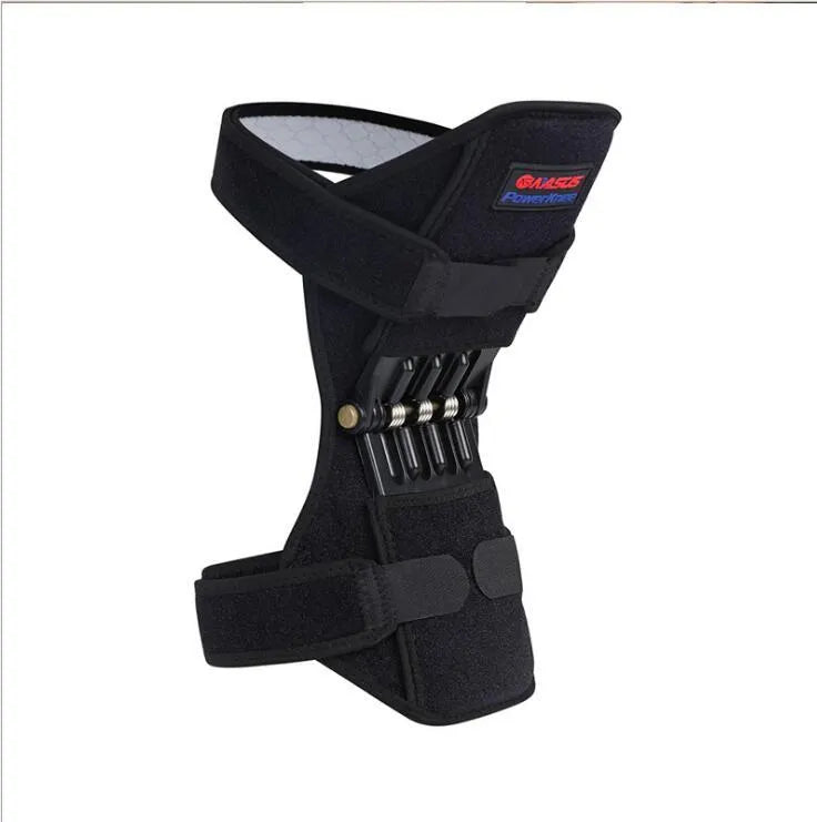 Black knee booster with carbon steel spring and Velcro straps on a neutral background
