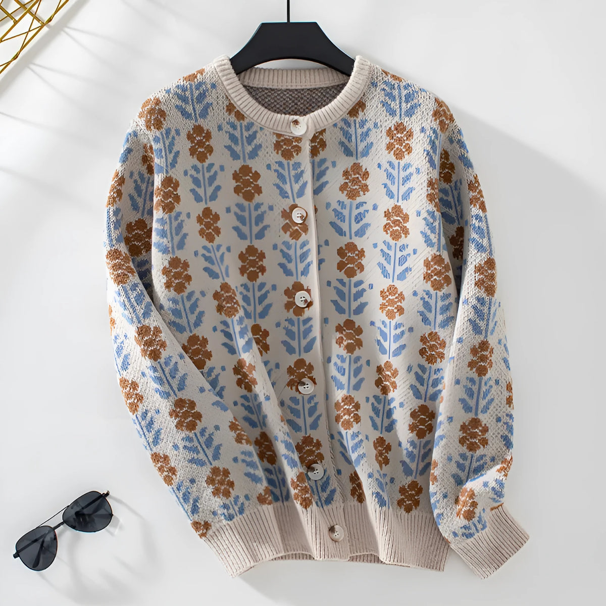 Ladies flower jacquard cardigan sweater coat in apricot or camel, loose fit, sizes S to XL