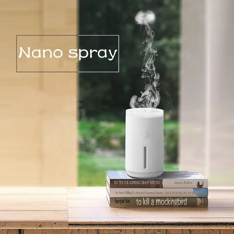 Spitting Circle humidifier in porcelain white with large fog output and dual atomisation modes for desktop use