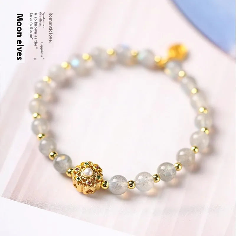 Gray moonstone crystal bracelet hand-woven with peach blossom strawberry quartz and pink sunstone 6mm beads