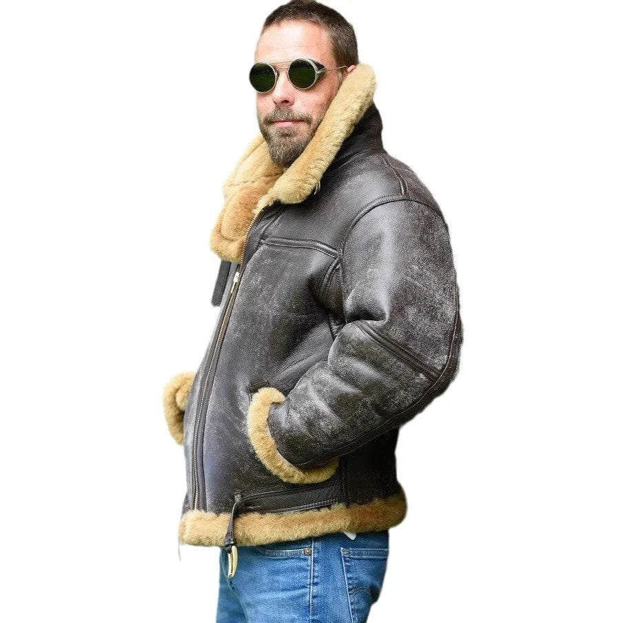 Men's brown retro synthetic leather fur coat with side pockets and straight hem