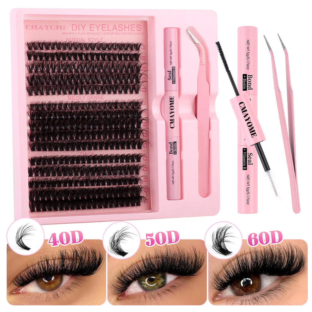 DIY false eyelash extension suit with cluster lashes and tweezers